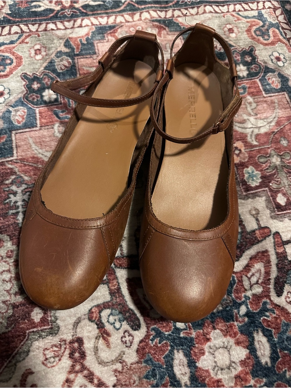 Merrell Women's Brown Leather Embrr Ballet Ankle-Strap Flats